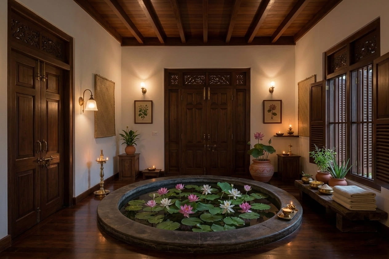 Traditional Kerala interior with Ayurvedic setting